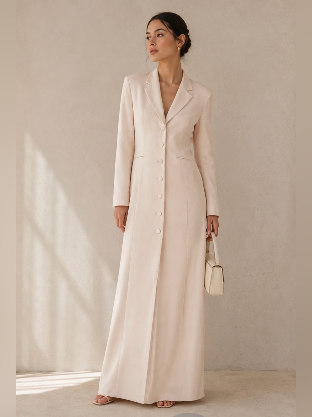 New STAUD  Onassis Coat fitted Ecru long full maxi length lined
